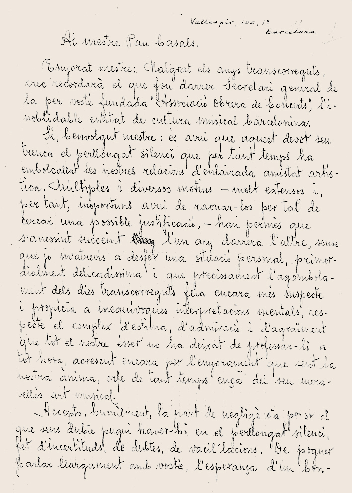 Carta manuscrita a Pau Casals