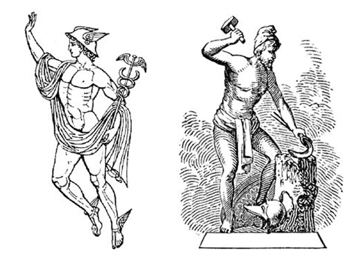 Grabados de las deidades grecorromanas Hermes-Mercurio y Hefesto-Vulcano