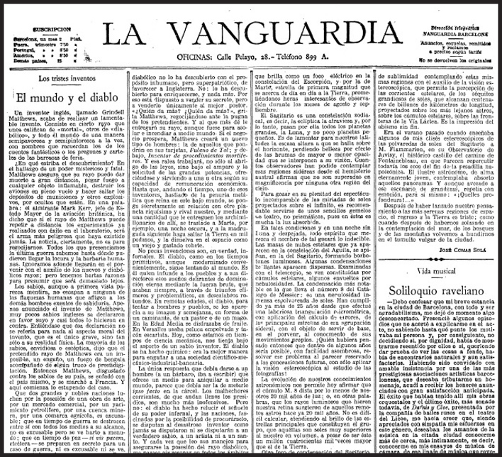 Publicació del Soliloquio raveliano a La Vanguardia